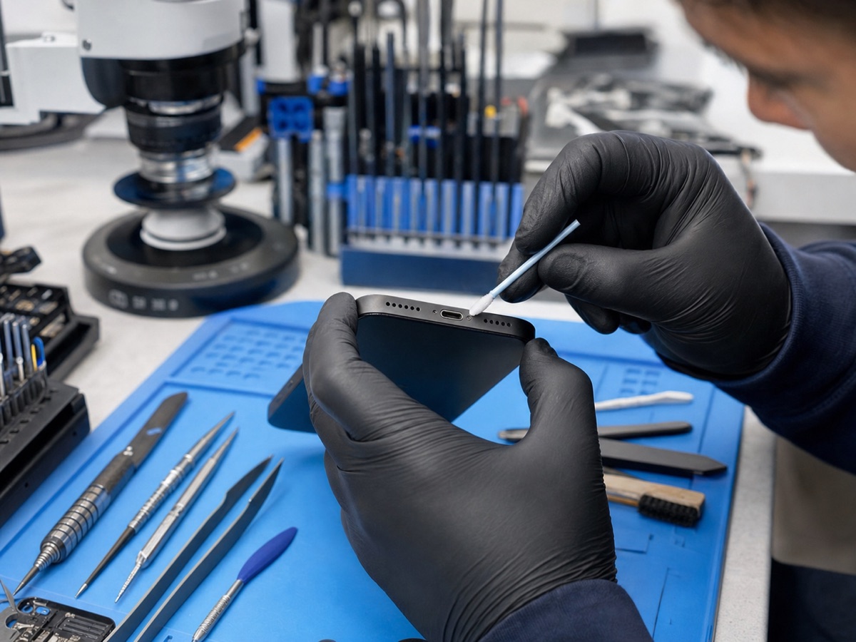 A technician carefully inspecting and cleaning a USB-C phone charging port