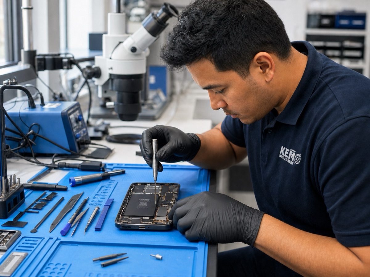A technician carefully repairing a smartphone at a professional workbench