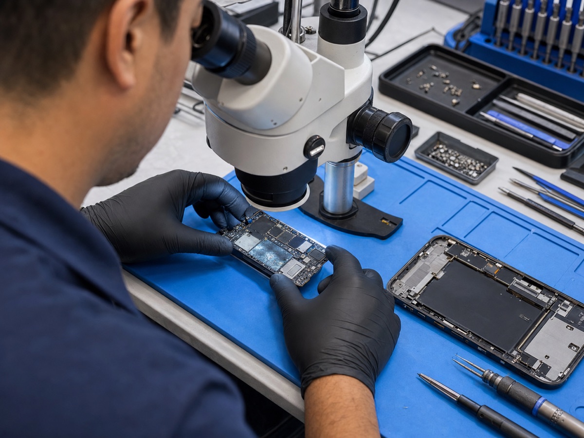 A technician examining corrosion on a phone board beneath a microscope